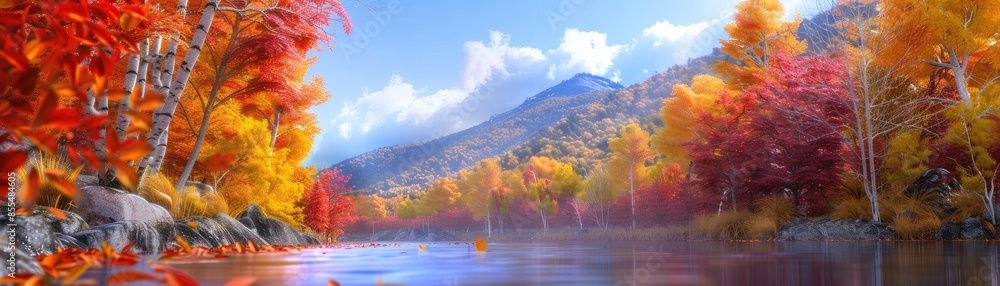 Stunning autumn landscape with vibrant foliage, calm river, and mountains under a clear sky, showcasing the beauty of fall season in nature. Stunning autumn landscape with vibrant foliage, calm river, and mountains under a clear sky, showcasing the beauty of fall season in nature.