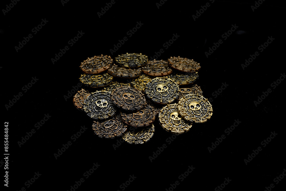 Antique doubloons coins with strange mist flowing over treasure Antique doubloons coins with strange mist flowing over treasure