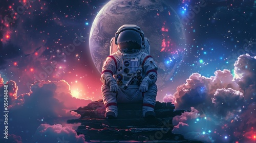 An astronaut in outer space on the surface of some planet, view of the stars.