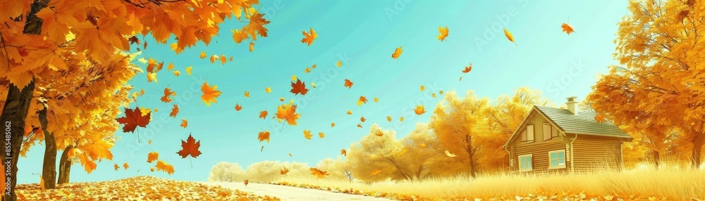 Obraz premium Scenic rural autumn landscape with falling leaves, a house, and blue sky. Embrace the season's beauty with vibrant foliage and crisp air.