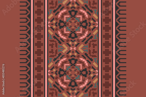 Traditional Floral pixel art seamless pattern. Vector Design for fabric, tile, embroidery, carpet, background, and wallpaper.