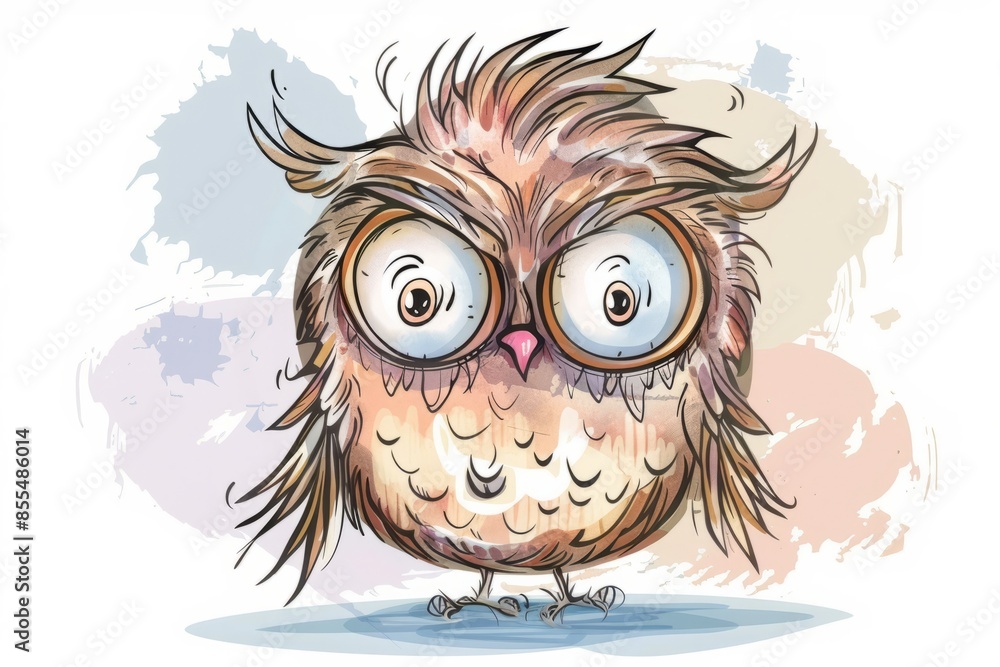 Naklejka premium Cartoon cute doodles of a startled owl with wide eyes and feathers ruffled, Generative AI