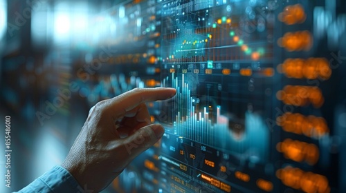 An investor's hand with a chart and trading indicator showing market fluctuations in prices and demand