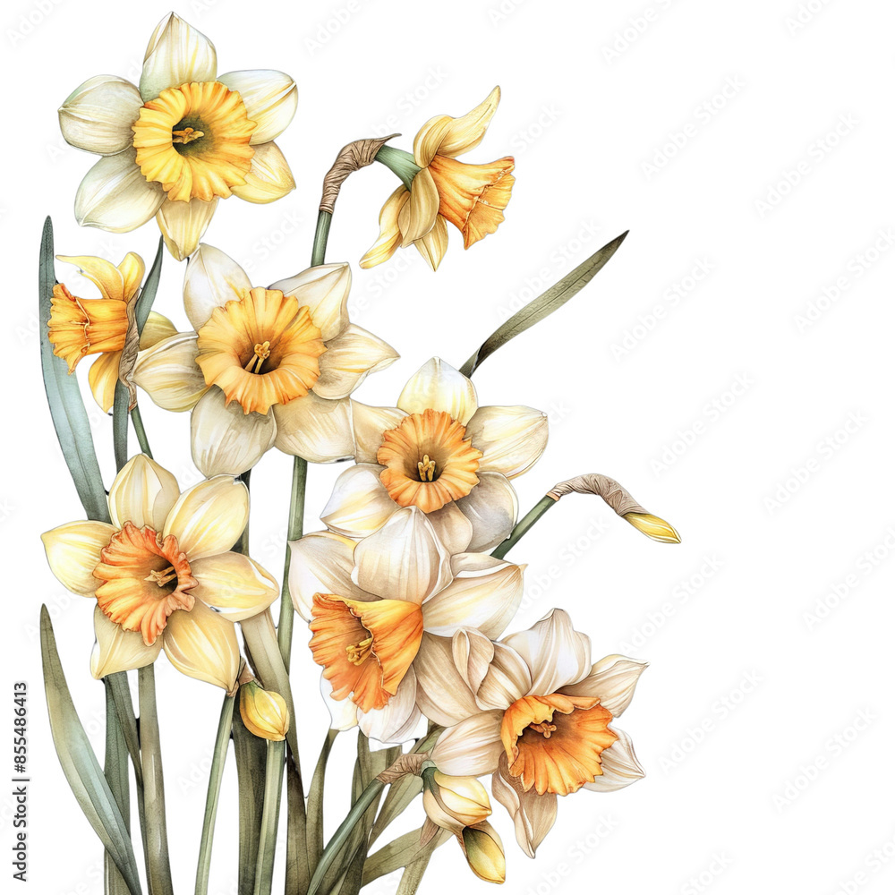 Fototapeta premium Beautiful bouquet of yellow and white daffodils in full bloom, perfect for spring decoration and floral designs.