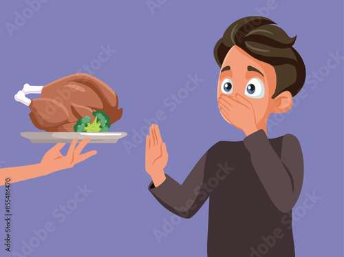 Teen Boy Refusing a Full Healthy Meal Vector Cartoon illustration. Teenager saying no to a homemade meal because he is vegan
