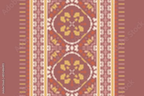 Traditional Floral pixel art seamless pattern. Vector Design for fabric, tile, embroidery, carpet, background, and wallpaper.