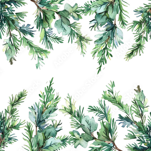 Watercolor botanical frame with evergreen branches. Perfect for holiday invites, nature-themed designs, and seasonal cards. photo