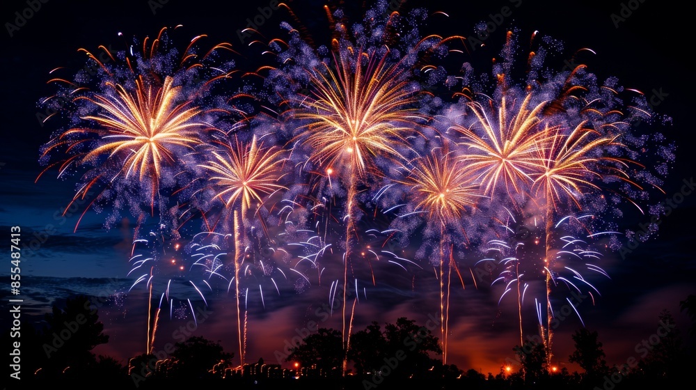 Fireworks Show, Black sky with purple and yellow fireworks Fireworks Show, Black sky with purple and yellow fireworks