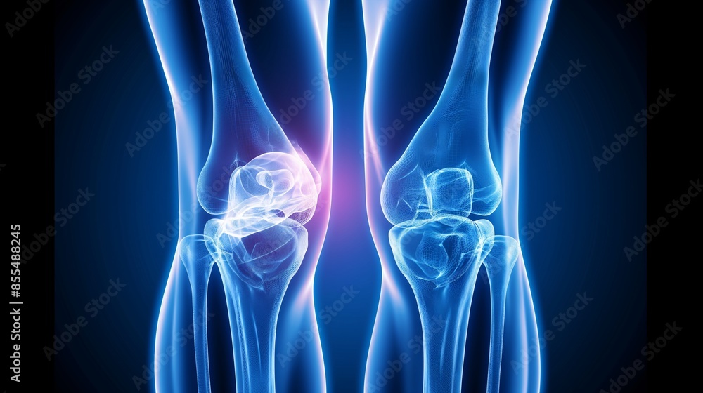 Knee X-ray with a meniscus tear highlighting a tear in the knee cartilage. Knee X-ray with a meniscus tear highlighting a tear in the knee cartilage.