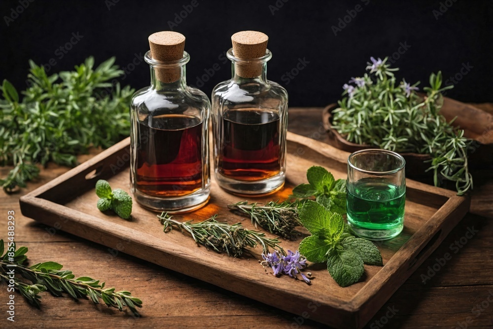 Rustic Raicilla Display: Glass bottle of Raicilla and small, clear shot glasses are set on a dark wooden tray. Rustic Raicilla Display: Glass bottle of Raicilla and small, clear shot glasses are set on a dark wooden tray.