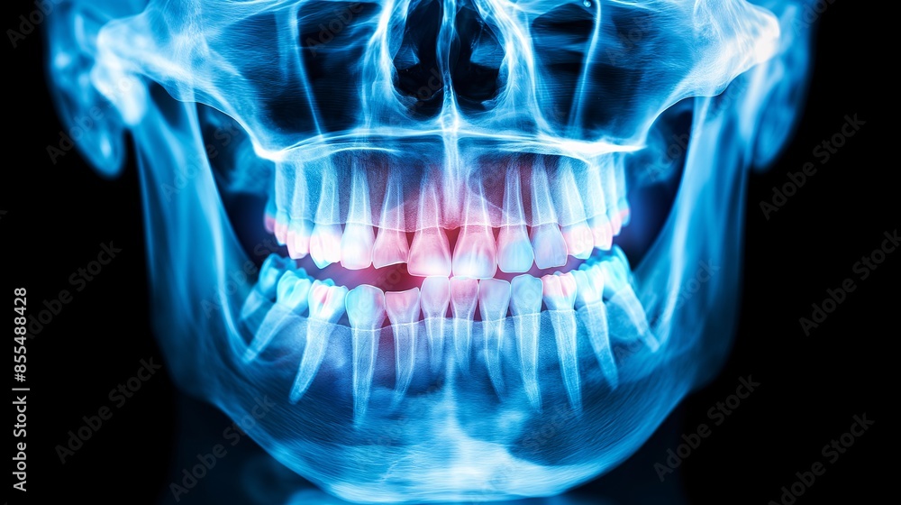 Skull X-ray with dental issues showing impacted teeth or other dental abnormalities. Skull X-ray with dental issues showing impacted teeth or other dental abnormalities.
