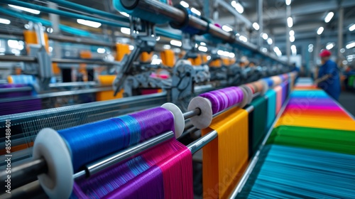 Rows of weaving machines producing colorful fabrics, workers monitoring the process. photo