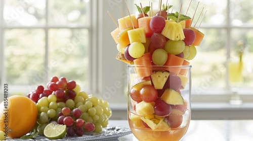 A refreshing fruit skewer display featuring a variety of seasonal fruits like pineapple, melon