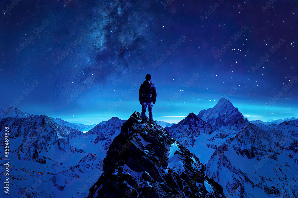 Blue silhouette of a man standing on the summit of a mountain peak looking at the starscape above, stargazing adventure majestic view Blue silhouette of a man standing on the summit of a mountain peak looking at the starscape above, stargazing adventure majestic view