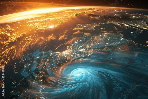 A stunning view of Earth from space, highlighting a massive hurricane swirling over the ocean and the glowing city lights on land.