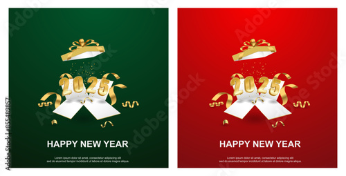 Happy new year 2025. gold number on open give box set square background
