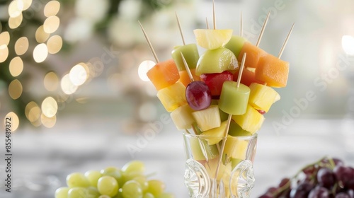 A refreshing fruit skewer display showcasing seasonal delights like pineapple, melon