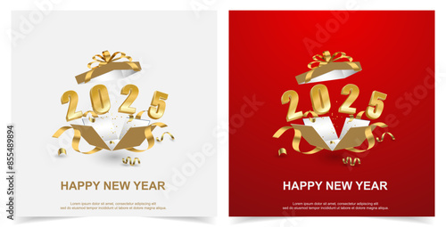 Happy new year 2025. number on open give box set square background