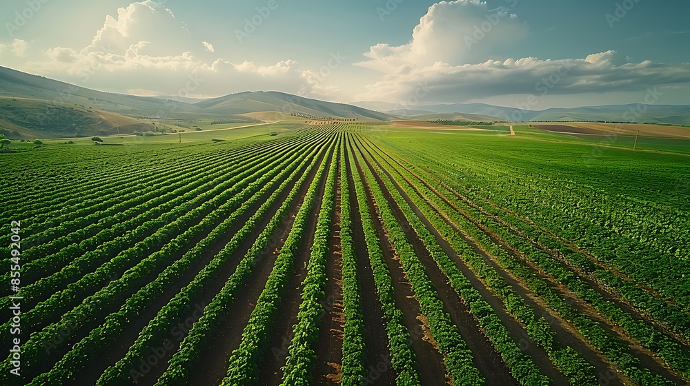 A drone flying over vast agricultural fields, capturing the neatly arranged crops and the patterns created by irrigation systems. A drone flying over vast agricultural fields, capturing the neatly arranged crops and the patterns created by irrigation systems.