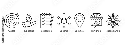 Event management banner web icon illustration concept with icon of target, budgeting, scheduling, logistics, location, marketing, and coordination