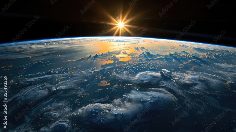 Fototapeta premium Stunning view of sunrise over Earth from space, highlighting the planet's atmosphere and glowing horizon as the sun rises.