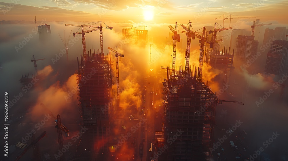 An aerial drone shot of a large construction site at sunrise, with shadows cast by cranes and building structures, and workers beginning their day. An aerial drone shot of a large construction site at sunrise, with shadows cast by cranes and building structures, and workers beginning their day.