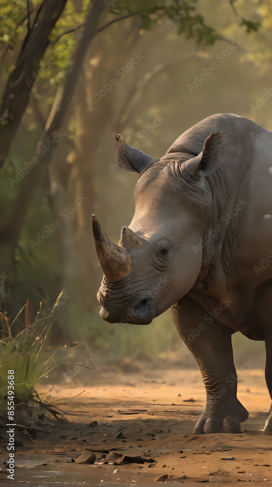 Naklejka premium a rhino standing in the dirt near some trees