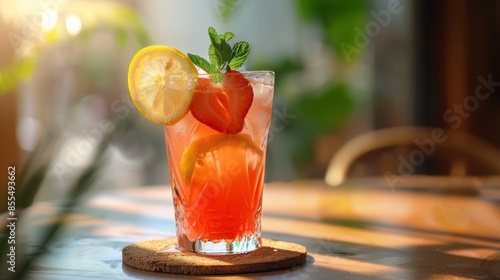 A refreshing glass of strawberry lemonade garnished with a lemon slice and fresh mint, Lemonade glass placed on a coaster