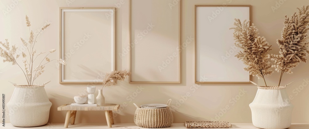 Fototapeta premium Elegant Home Decor Display: Beige Banner Featuring Frames, Baskets, and Furniture in a Minimalistic Style, With Soft Beige Background for a Clean Aesthetic