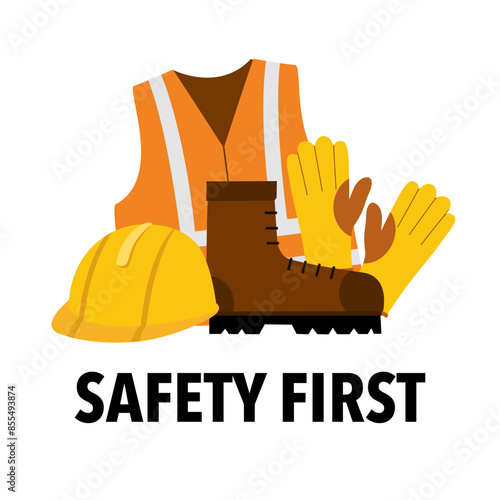 Safety first concept. Engineer helmet, safety shoe, vest and gloves in flat design on white background.