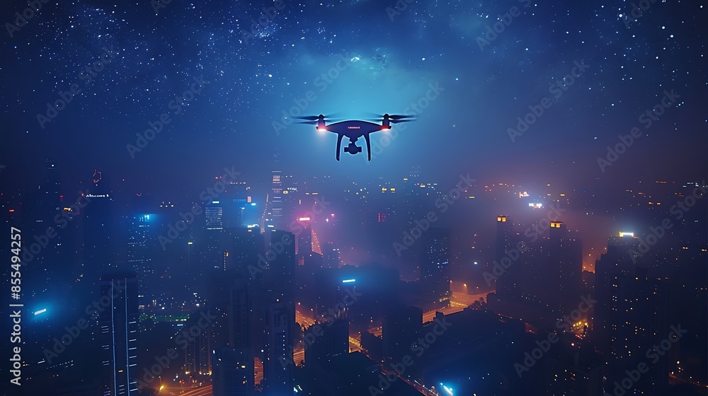 Drone flying high in the night sky, with its lights shining and a vast city illuminated below, under a canopy of stars. Drone flying high in the night sky, with its lights shining and a vast city illuminated below, under a canopy of stars.