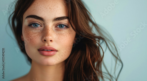 Headshot of a beautiful, sensual female fashion model with loosely coiffed brown hair. Full lips and an immaculate complexion. Skin care and cosmetics.