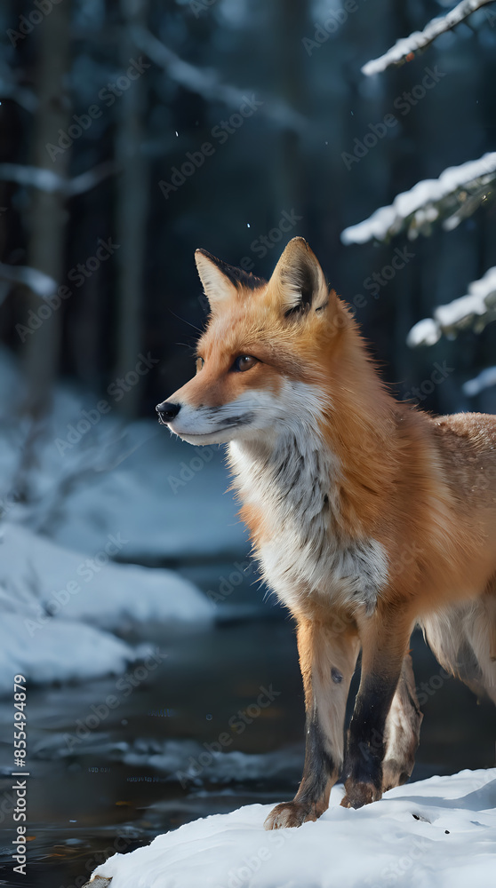 a fox standing on a snowy bank in the woods a fox standing on a snowy bank in the woods
