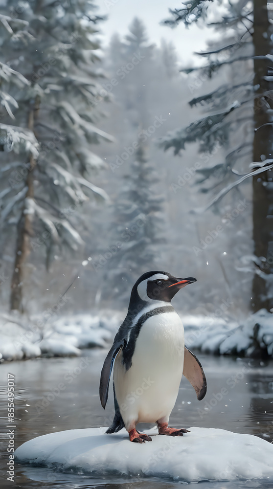 Fototapeta premium a penguin standing on a rock in the snow