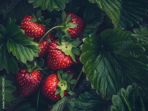 A bunch of red strawberries are on a leafy green plant photo