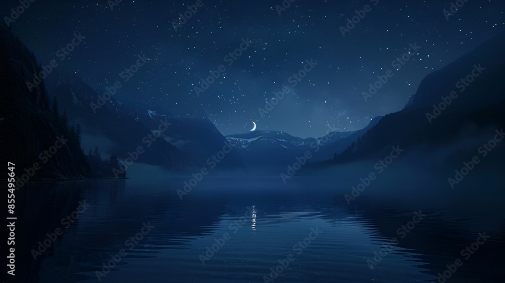 A tranquil night scene of a lake surrounded by mountains, with a crescent moon and starry sky reflecting on the calm water. A tranquil night scene of a lake surrounded by mountains, with a crescent moon and starry sky reflecting on the calm water.