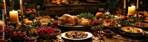 Wallpaper Mural Festive Thanksgiving feast with turkey, pumpkins, candles, and assorted dishes on a rustic wooden table, ready for a grand celebration. Torontodigital.ca