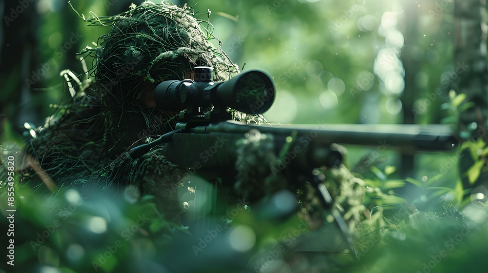 Sniper Rifle Environment A sniper in a ghillie suit, blending seamlessly with the surrounding ...