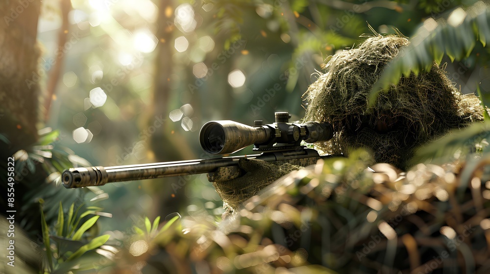 Sniper Rifle Environment A sniper in a ghillie suit, blending seamlessly with the surrounding ...