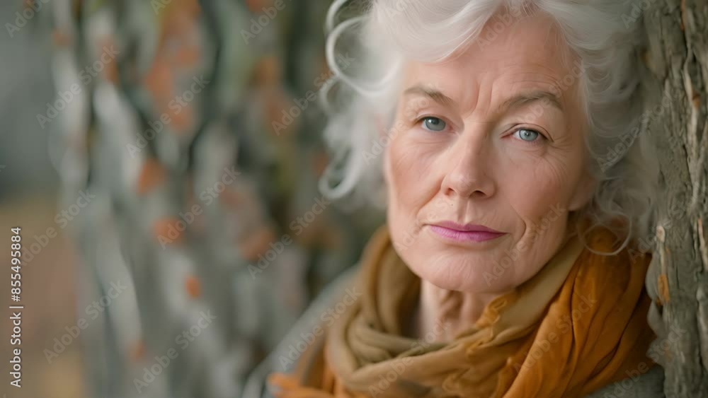 An elderly woman leans against an ancient tree trunk, her look peaceful. An elderly woman leans against an ancient tree trunk, her look peaceful.