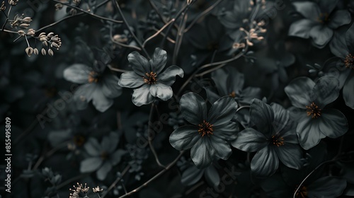 Delicate flowers bloom against a dark, moody background, their petals highlighted by soft, subtle lighting.
