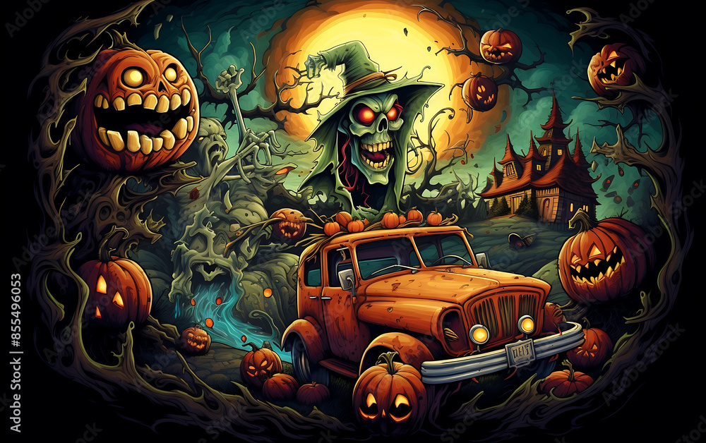 Obraz premium Zombie family in the car. Halloween background. Vector illustration.