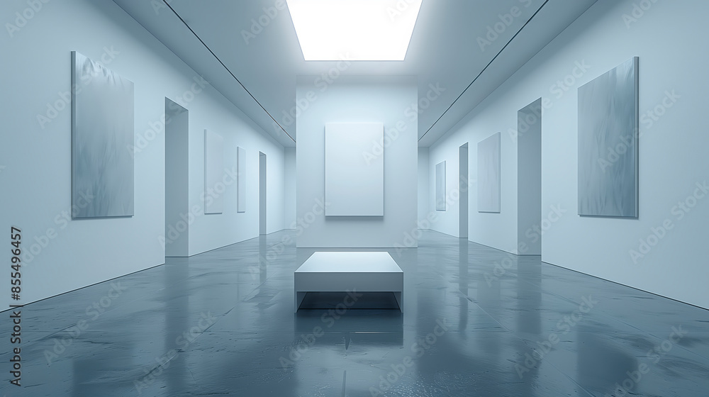 A modern art gallery with blank framed canvases on white walls and reflecting floor. Contemporary concept. Generative AI A modern art gallery with blank framed canvases on white walls and reflecting floor. Contemporary concept. Generative AI