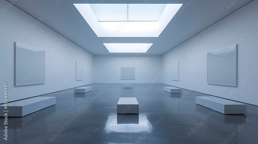 Modern art gallery with blank white framed canvases on walls and minimalist seating, under skylight in sleek interior. Generative AI Modern art gallery with blank white framed canvases on walls and minimalist seating, under skylight in sleek interior. Generative AI