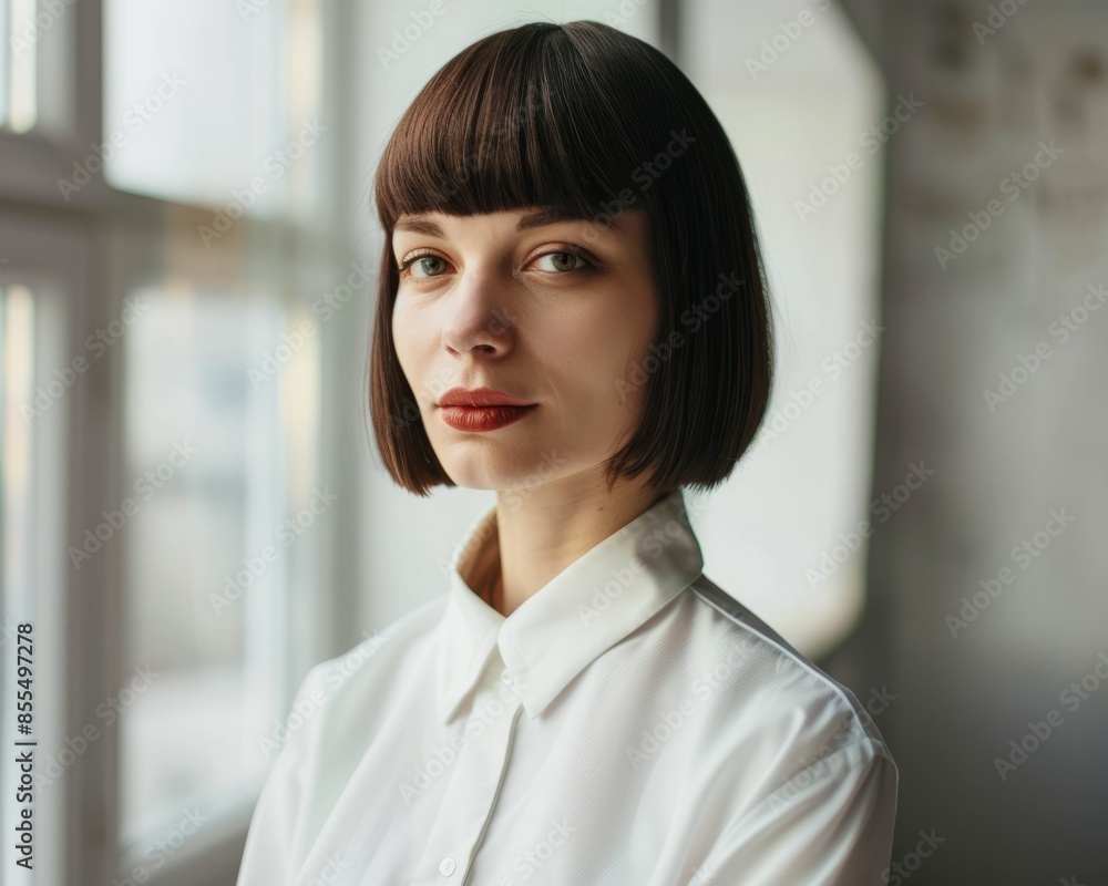 She wore a white collared shirt in the office and her hair was cut very short with wide bangs, her bangs cut in the middle of her forehead