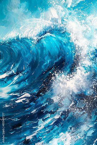 Abstract painting of a blue ocean wave, capturing the motion and energy of water