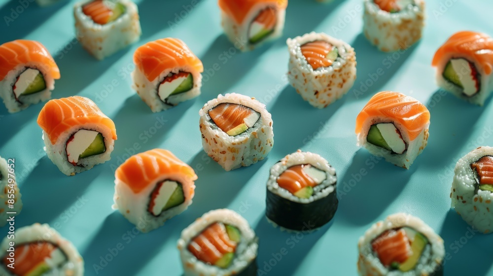 Abstract arrangement of spinning sushi rolls in an abstract pattern Abstract arrangement of spinning sushi rolls in an abstract pattern