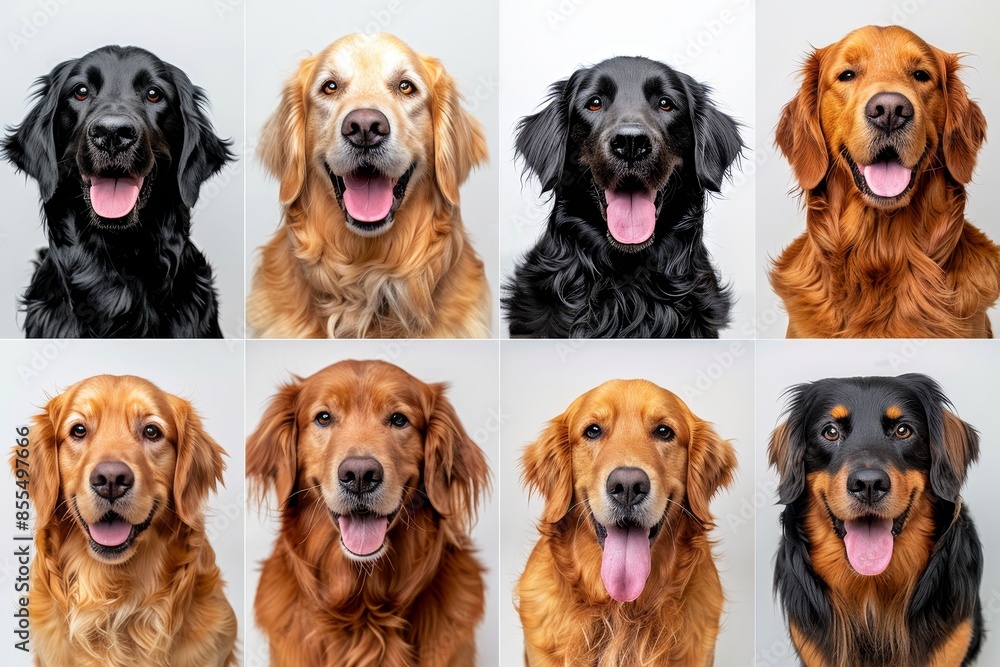 A grid of various happy and smiling flat coated retrievers on a white background, in the style of photography. A grid of various happy and smiling flat coated retrievers on a white background, in the style of photography.