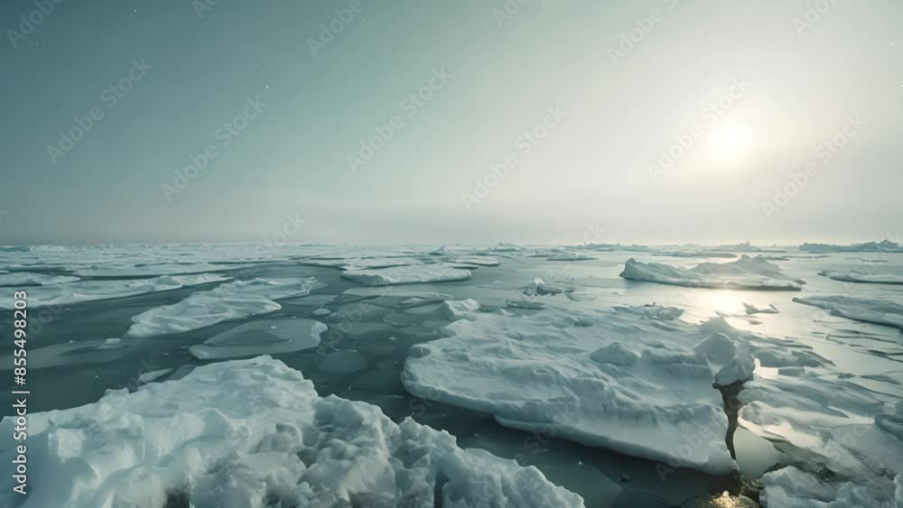 Icy Arctic landscape with broken ice sheets under a low sun Icy Arctic landscape with broken ice sheets under a low sun