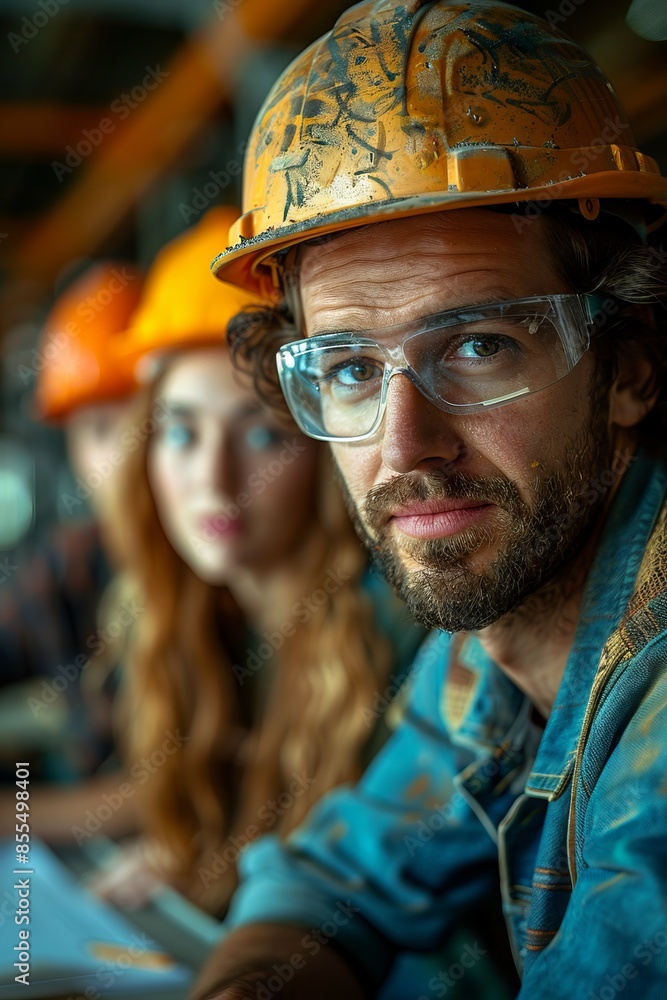 Young hard-hatted professionals draw up office plans Young hard-hatted professionals draw up office plans
